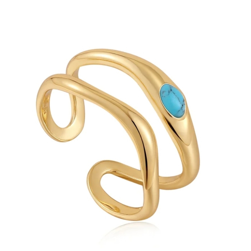 Ania Haie Gold Turquoise Wave Double Band Adjustable Ring New